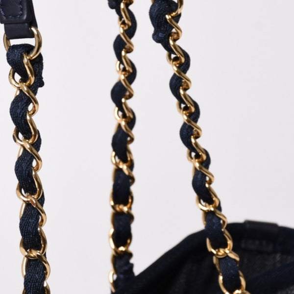 新品同様 CHANEL シャネル ドーヴィルPM チェーントートバッグ ショルダーバッグ デニムキャンバス 17番台 ココマーク レザー ネイビー ゴールド金具 A47001 中古 4a003075
