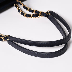 新品同様 CHANEL シャネル ドーヴィルPM チェーントートバッグ ショルダーバッグ デニムキャンバス 17番台 ココマーク レザー ネイビー ゴールド金具 A47001 中古 4a003075