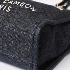 新品同様 CHANEL シャネル ドーヴィルPM チェーントートバッグ ショルダーバッグ デニムキャンバス 17番台 ココマーク レザー ネイビー ゴールド金具 A47001 中古 4a003075