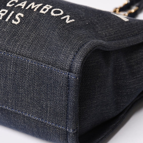 新品同様 CHANEL シャネル ドーヴィルPM チェーントートバッグ ショルダーバッグ デニムキャンバス 17番台 ココマーク レザー ネイビー ゴールド金具 A47001 中古 4a003075