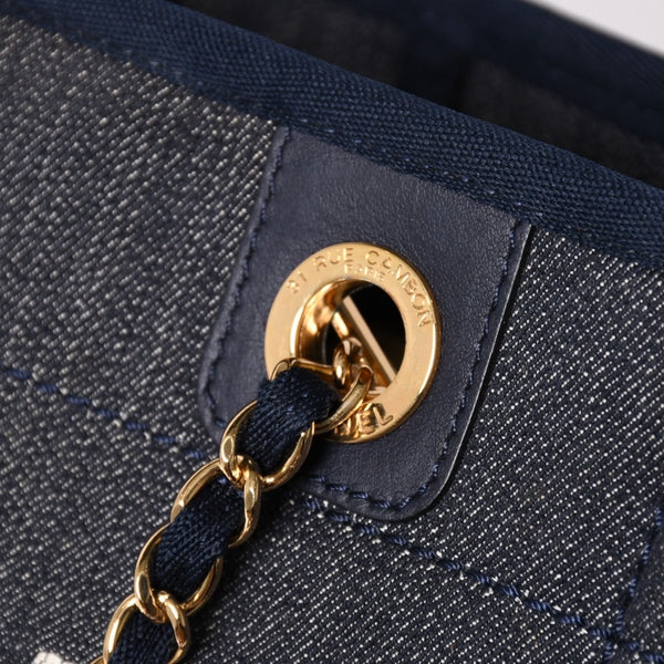 新品同様 CHANEL シャネル ドーヴィルPM チェーントートバッグ ショルダーバッグ デニムキャンバス 17番台 ココマーク レザー ネイビー ゴールド金具 A47001 中古 4a003075