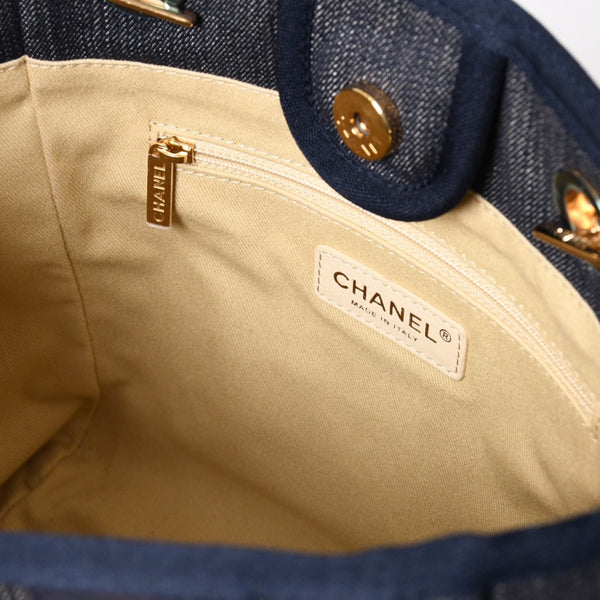 新品同様 CHANEL シャネル ドーヴィルPM チェーントートバッグ ショルダーバッグ デニムキャンバス 17番台 ココマーク レザー ネイビー ゴールド金具 A47001 中古 4a003075