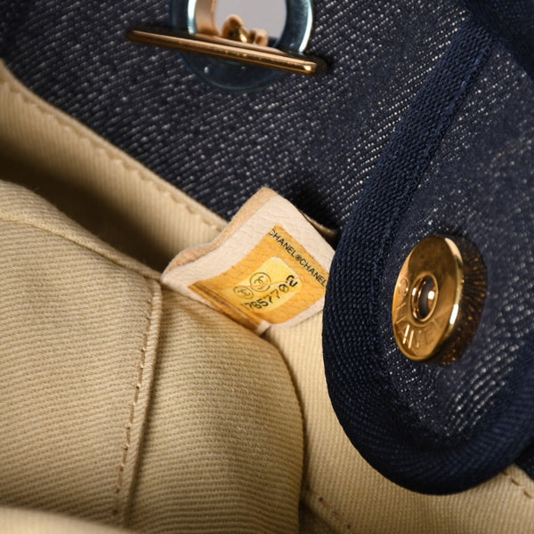 新品同様 CHANEL シャネル ドーヴィルPM チェーントートバッグ ショルダーバッグ デニムキャンバス 17番台 ココマーク レザー ネイビー ゴールド金具 A47001 中古 4a003075