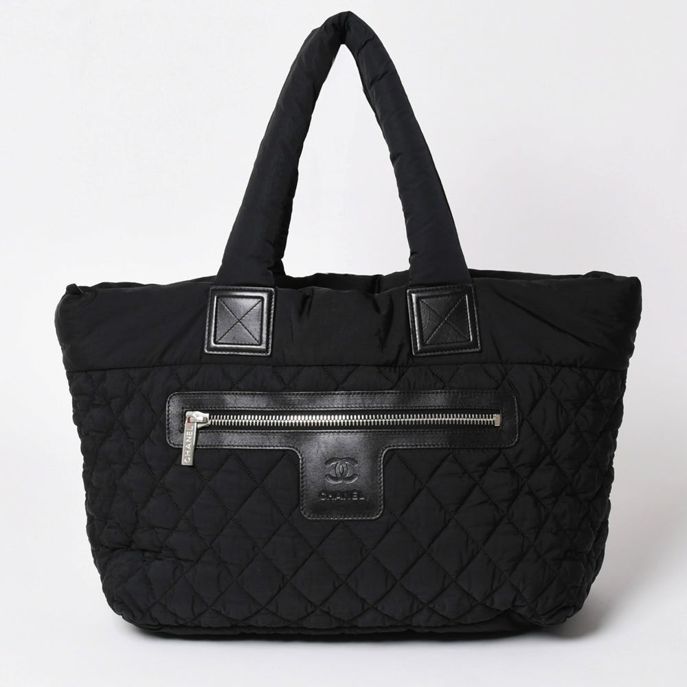 極美品 CHANEL シャネル コココクーン ナイロントートバッグ ナイロンキルティング CCマーク ココマーク レザー シルバー金具 中古 4a003087
