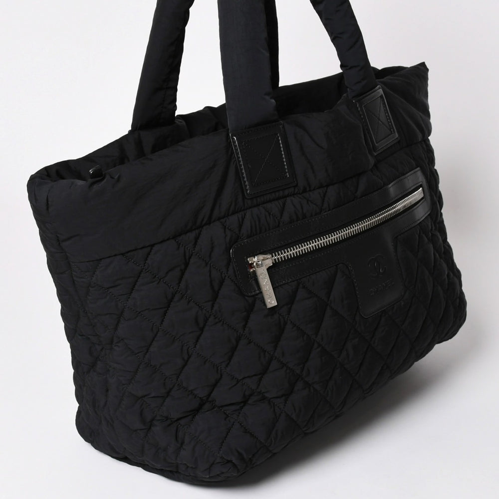 極美品 CHANEL シャネル コココクーン ナイロントートバッグ ナイロンキルティング CCマーク ココマーク レザー シルバー金具 中古 4a003087