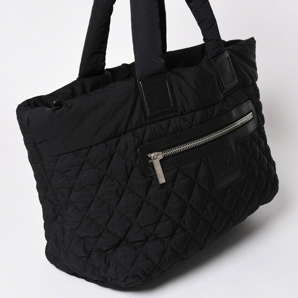極美品 CHANEL シャネル コココクーン ナイロントートバッグ ナイロンキルティング CCマーク ココマーク レザー シルバー金具 中古 4a003087
