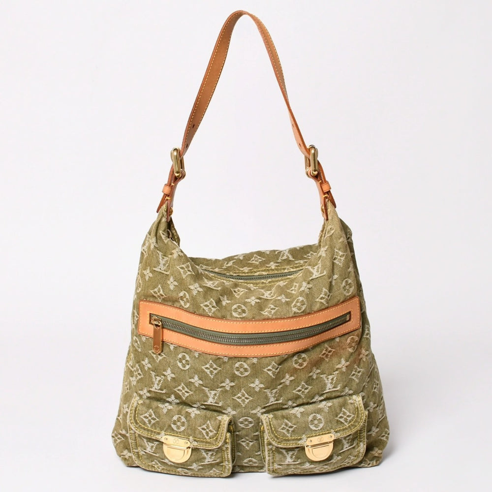 Very Good Condition Louis Vuitton Monogram Denim Baggy GM M95211 Green White Gold Hardware Tanned Leather Used 4a003076