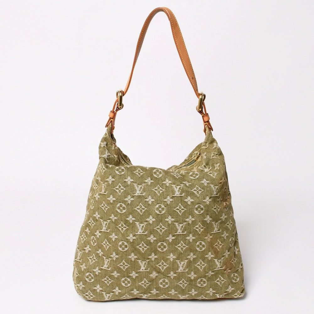 Very Good Condition Louis Vuitton Monogram Denim Baggy GM M95211 Green White Gold Hardware Tanned Leather Used 4a003076