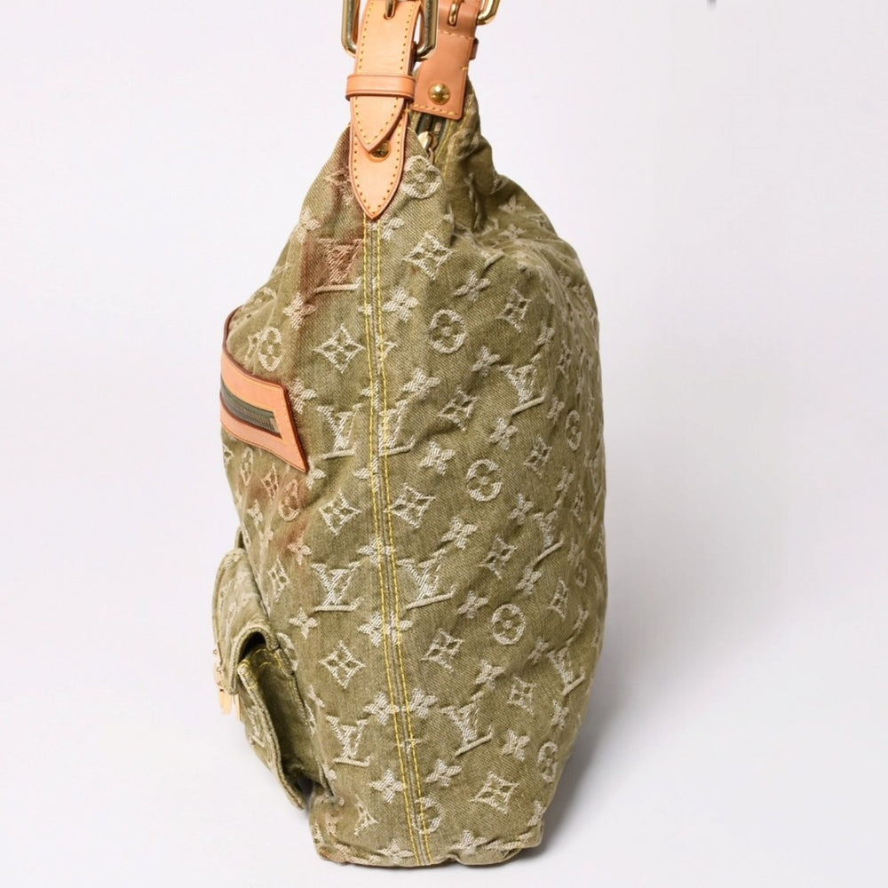 Very Good Condition Louis Vuitton Monogram Denim Baggy GM M95211 Green White Gold Hardware Tanned Leather Used 4a003076
