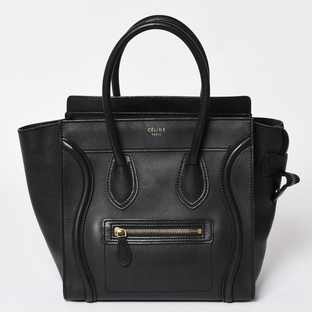 極美品 CELINE セリーヌ ラゲージマイクロショッパー ショルダーバッグ ハンドバッグ フィービー期 ブラック カーフスキン スエード ゴールド金具 廃盤 中古 4a002938