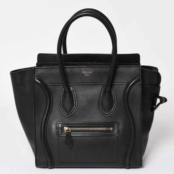 極美品 CELINE セリーヌ ラゲージマイクロショッパー ショルダーバッグ ハンドバッグ フィービー期 ブラック カーフスキン スエード ゴールド金具 廃盤 中古 4a002938
