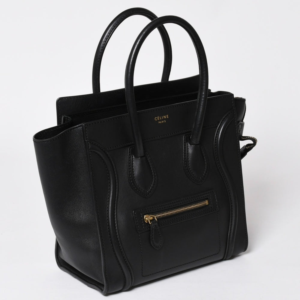 Very Good Condition CELINE Luggage Micro Shopper Shoulder Bag Handbag Phoebe Period Black Calfskin Suede Gold Hardware Out of Print Used 4a002938