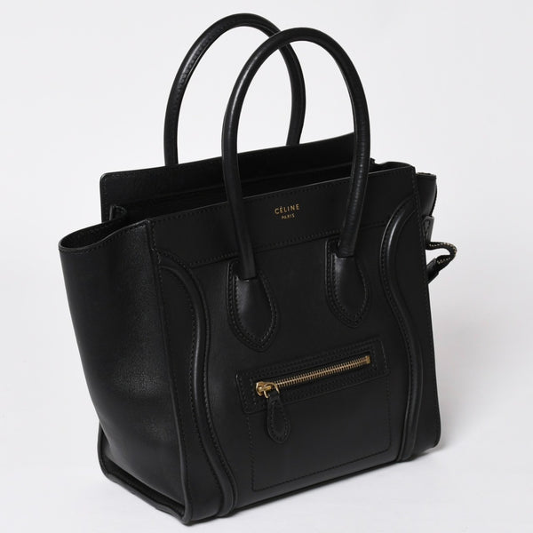 極美品 CELINE セリーヌ ラゲージマイクロショッパー ショルダーバッグ ハンドバッグ フィービー期 ブラック カーフスキン スエード ゴールド金具 廃盤 中古 4a002938