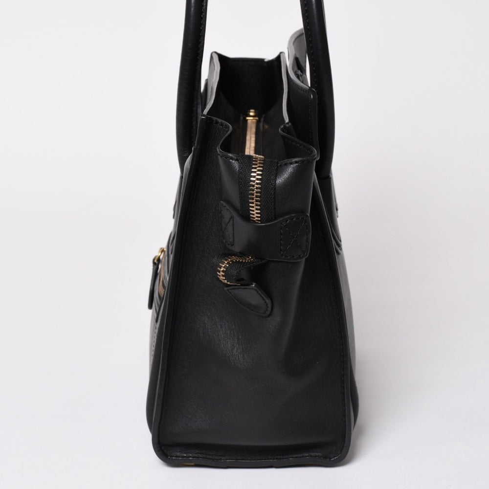 Very Good Condition CELINE Luggage Micro Shopper Shoulder Bag Handbag Phoebe Period Black Calfskin Suede Gold Hardware Out of Print Used 4a002938