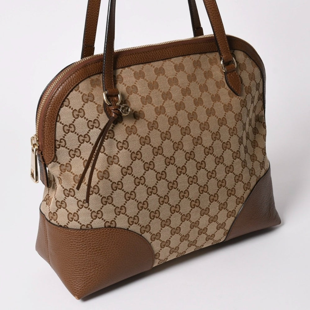 Very Good Condition GUCCI GG Canvas Handbag Tote Bag Brown 449243 Silver Hardware Used 4a001087