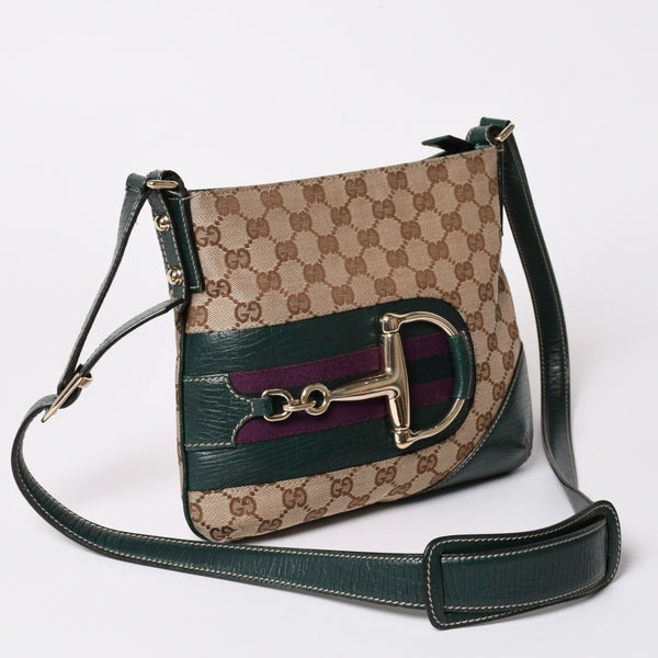 GUUCI グッチ Shoulder Bag ショルダーバッグ ホースビット 141506 ベージュ グリーン ゴールド金具 美品 中古 4a002073