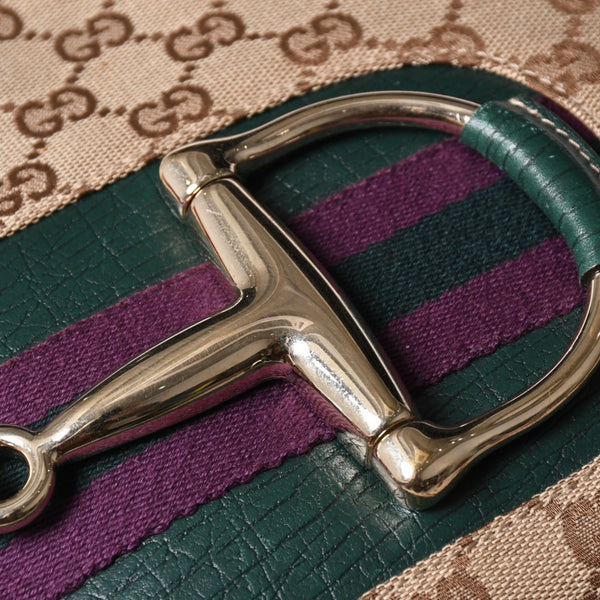 GUUCI グッチ Shoulder Bag ショルダーバッグ ホースビット 141506 ベージュ グリーン ゴールド金具 美品 中古 4a002073