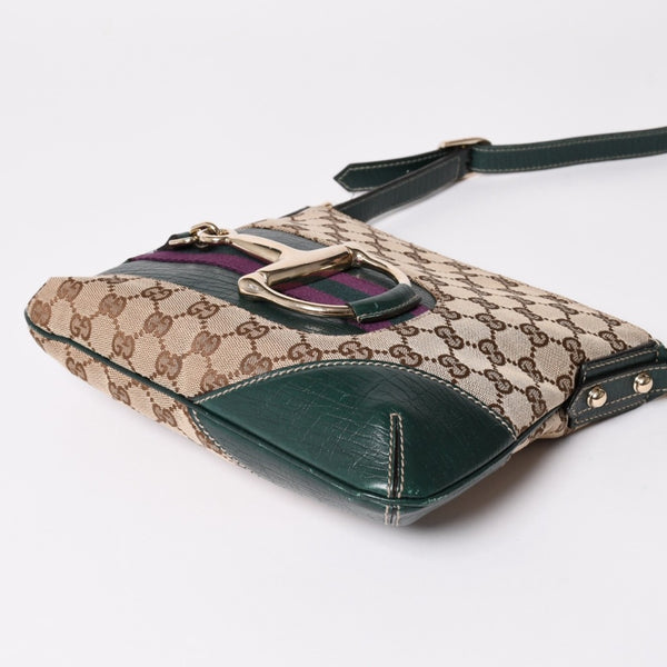 GUUCI グッチ Shoulder Bag ショルダーバッグ ホースビット 141506 ベージュ グリーン ゴールド金具 美品 中古 4a002073