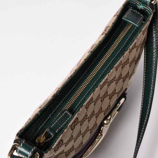 GUUCI グッチ Shoulder Bag ショルダーバッグ ホースビット 141506 ベージュ グリーン ゴールド金具 美品 中古 4a002073