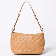 極美品 CHANEL シャネル 月見型 ホーボーワンショルダーバッグ キャビアスキン 9番台 ベージュ 中古 4a002940