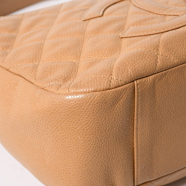 極美品 CHANEL シャネル 月見型 ホーボーワンショルダーバッグ キャビアスキン 9番台 ベージュ 中古 4a002940