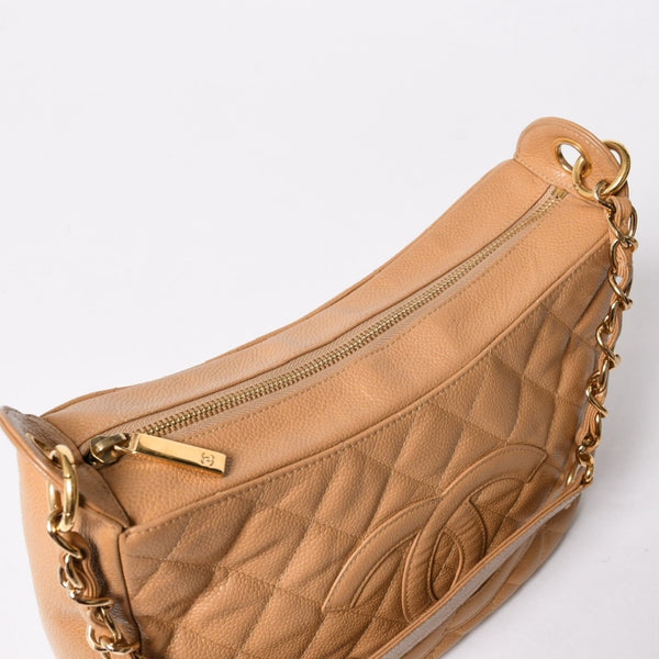 極美品 CHANEL シャネル 月見型 ホーボーワンショルダーバッグ キャビアスキン 9番台 ベージュ 中古 4a002940