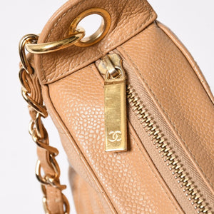 極美品 CHANEL シャネル 月見型 ホーボーワンショルダーバッグ キャビアスキン 9番台 ベージュ 中古 4a002940
