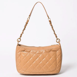 極美品 CHANEL シャネル 月見型 ホーボーワンショルダーバッグ キャビアスキン 9番台 ベージュ 中古 4a002940