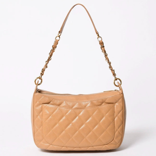 極美品 CHANEL シャネル 月見型 ホーボーワンショルダーバッグ キャビアスキン 9番台 ベージュ 中古 4a002940