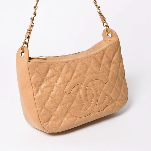 極美品 CHANEL シャネル 月見型 ホーボーワンショルダーバッグ キャビアスキン 9番台 ベージュ 中古 4a002940
