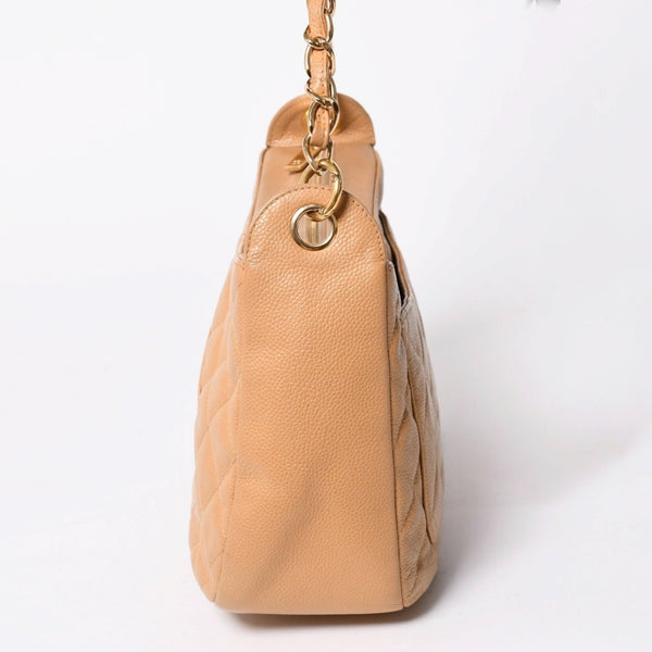 極美品 CHANEL シャネル 月見型 ホーボーワンショルダーバッグ キャビアスキン 9番台 ベージュ 中古 4a002940