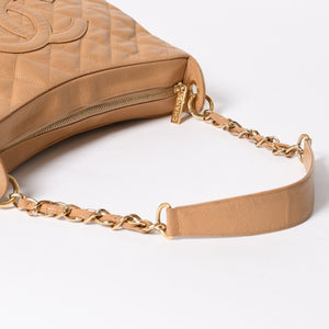 極美品 CHANEL シャネル 月見型 ホーボーワンショルダーバッグ キャビアスキン 9番台 ベージュ 中古 4a002940