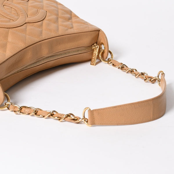 極美品 CHANEL シャネル 月見型 ホーボーワンショルダーバッグ キャビアスキン 9番台 ベージュ 中古 4a002940