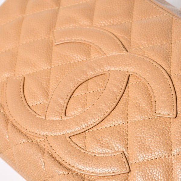 極美品 CHANEL シャネル 月見型 ホーボーワンショルダーバッグ キャビアスキン 9番台 ベージュ 中古 4a002940