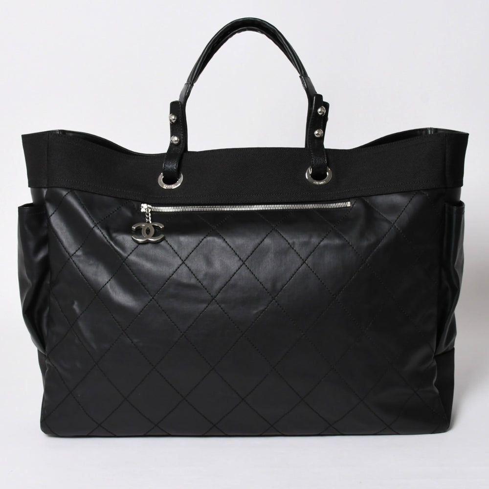 極美品 CHANEL シャネル トートバッグ バリビアリッツトートTGM 11番台 ブラック コーティングキャンバス レザー シルバー金具 中古 4a002884