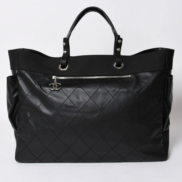 Very Good Condition CHANEL Tote Bag Bali Biarritz Tote TGM No. 11 Black Coated Canvas Leather Silver Hardware Used 4a002884