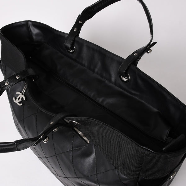 Very Good Condition CHANEL Tote Bag Bali Biarritz Tote TGM No. 11 Black Coated Canvas Leather Silver Hardware Used 4a002884