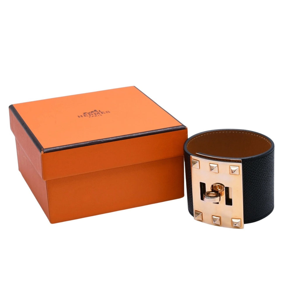 極美品 HERMES エルメス ケリードッグ ケリーバングル ゴールド金具 レザーバンド メタル GP サイズS ブラック T刻印 4a002969