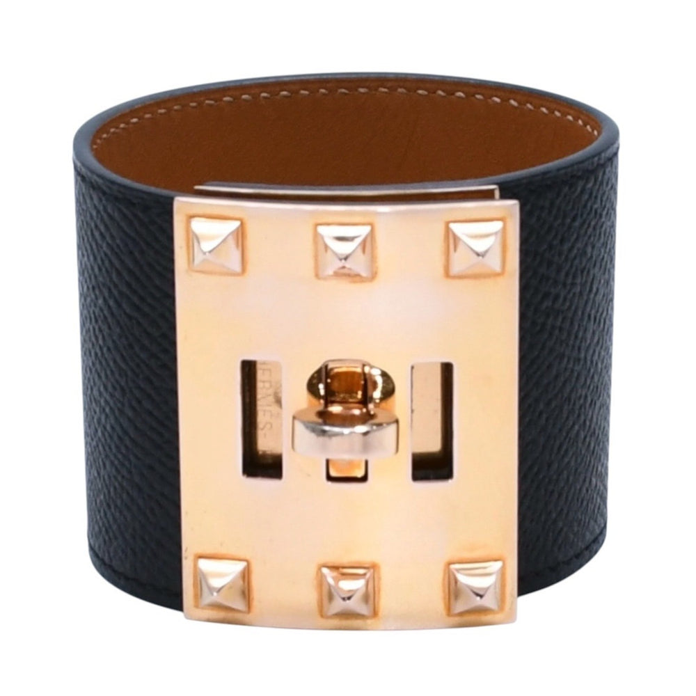極美品 HERMES エルメス ケリードッグ ケリーバングル ゴールド金具 レザーバンド メタル GP サイズS ブラック T刻印 4a002969