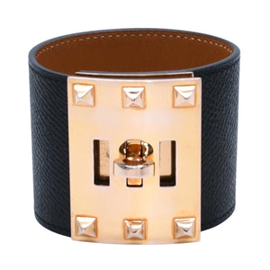 極美品 HERMES エルメス ケリードッグ ケリーバングル ゴールド金具 レザーバンド メタル GP サイズS ブラック T刻印 4a002969