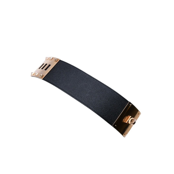 極美品 HERMES エルメス ケリードッグ ケリーバングル ゴールド金具 レザーバンド メタル GP サイズS ブラック T刻印 4a002969
