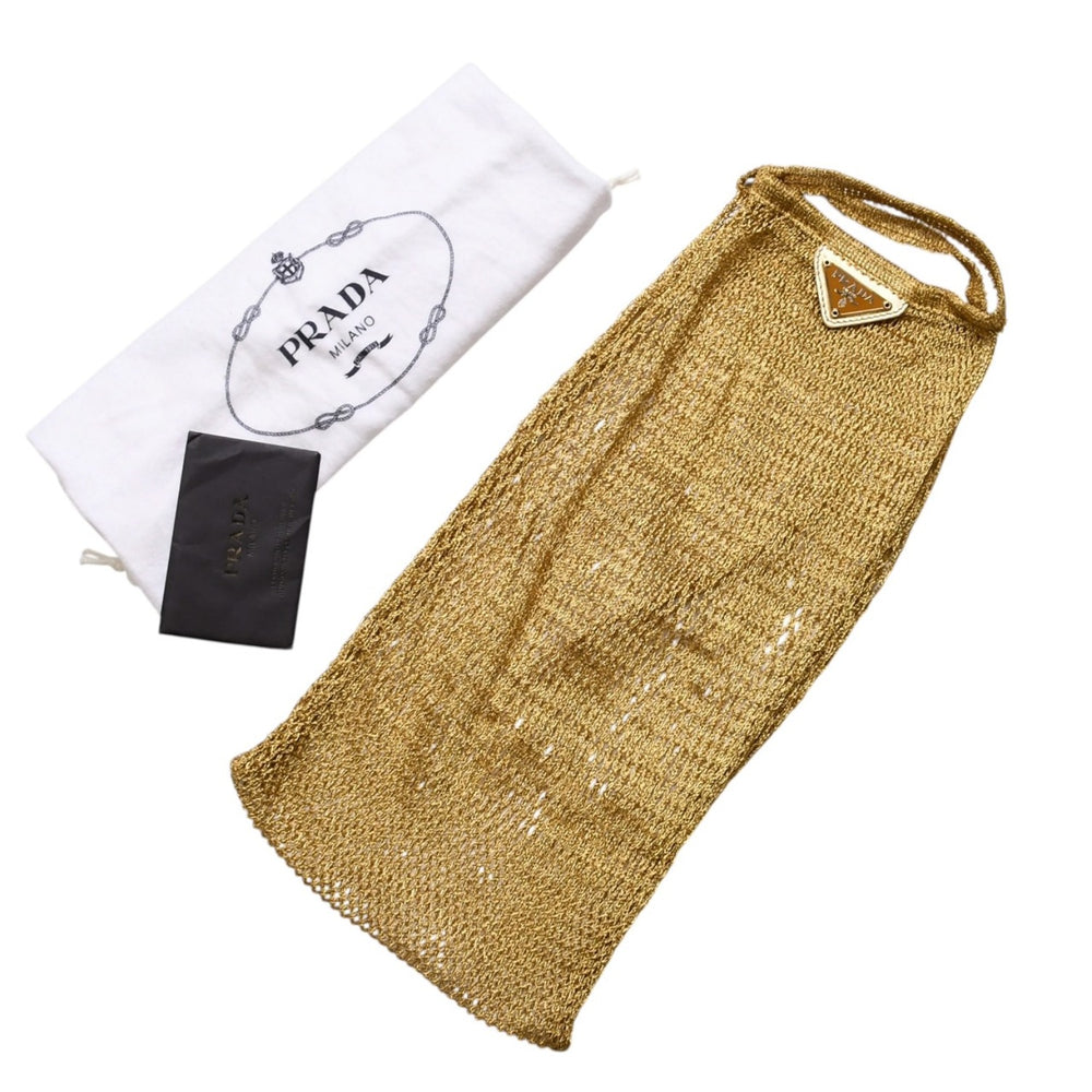 極美品 PRADA プラダ メッシュハンドバッグ B2064 トライアングルロゴプレート 三角プレート コットン ゴールド金具 中古 4a002995
