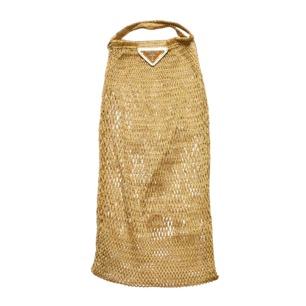 極美品 PRADA プラダ メッシュハンドバッグ B2064 トライアングルロゴプレート 三角プレート コットン ゴールド金具 中古 4a002995