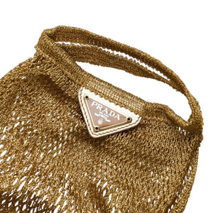 極美品 PRADA プラダ メッシュハンドバッグ B2064 トライアングルロゴプレート 三角プレート コットン ゴールド金具 中古 4a002995