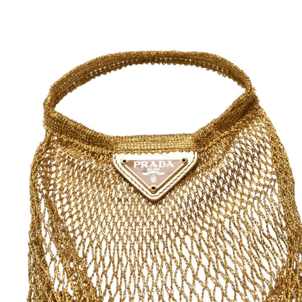 極美品 PRADA プラダ メッシュハンドバッグ B2064 トライアングルロゴプレート 三角プレート コットン ゴールド金具 中古 4a002995