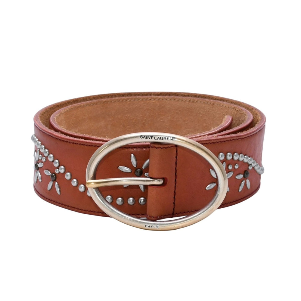 YVES SAINT LAURENT イヴサンローラン YSL バックル ベルト ブラウン レザー メッシュ 556300 ゴールド金具 小物 美品 中古 4a002664
