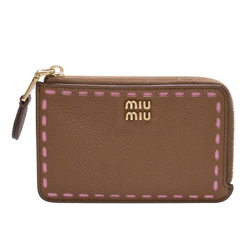 極美品 MIUMIU ミュウミュウ コインケース 5MC066 カーフスキン ブランドロゴ ブラウン ゴールド金具 中古 4a002999