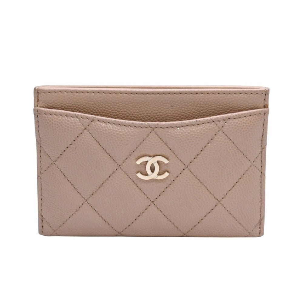 極美品 CHANEL シャネル クラシックジップカードケース 28番台 マトラッセ キャビアスキン ベージュ ココマーク CCマーク メタル ゴールド 中古 4a003002