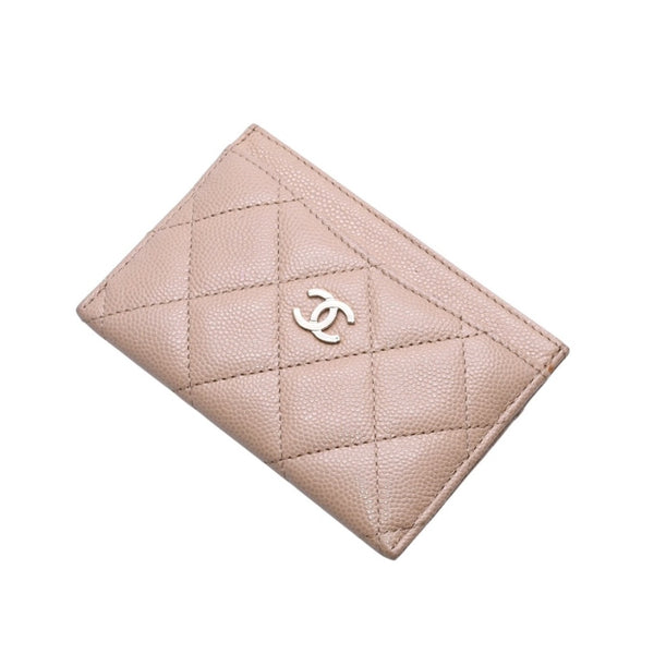 極美品 CHANEL シャネル クラシックジップカードケース 28番台 マトラッセ キャビアスキン ベージュ ココマーク CCマーク メタル ゴールド 中古 4a003002
