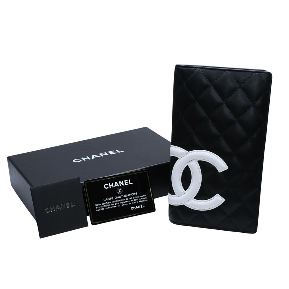 極美品 CHANEL シャネル カンボンライン 長財布 ラムスキン ココマーク ブラック ピンク ホワイト 10番台 二つ折り レザー 中古 4a003022